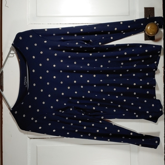 Chicos Ultimate Tee Blue and Gold Polka Dot Long Sleeve Stretch T-Shirt Size M - Picture 1 of 6